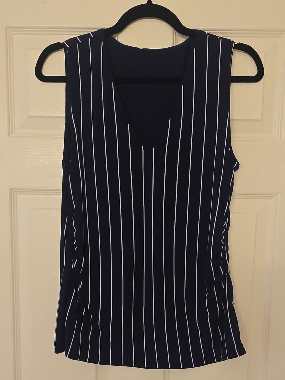 White House Black Market Reversible Striped Knit V-Neck Ruched Stretch Tank Navy